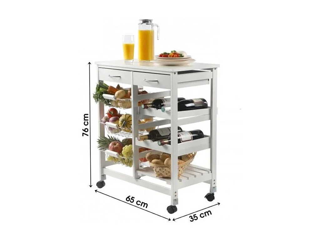 Desserte à roulettes avec 2 tiroirs et de multiples rangements - H. 76 cm - Blanche IDtendancedeco