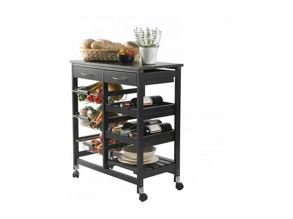 Desserte à roulettes avec 2 tiroirs et de multiples rangements - H. 76 cm - Noir IDtendancedeco