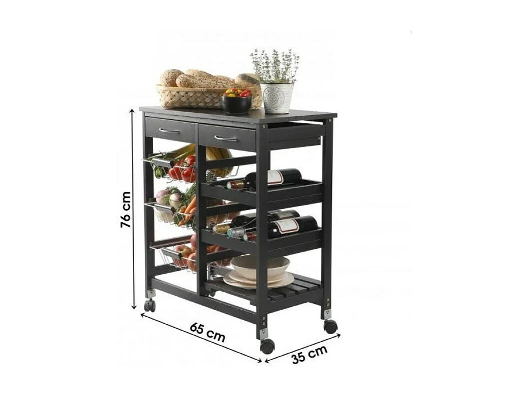 Desserte à roulettes avec 2 tiroirs et de multiples rangements - H. 76 cm - Noir IDtendancedeco