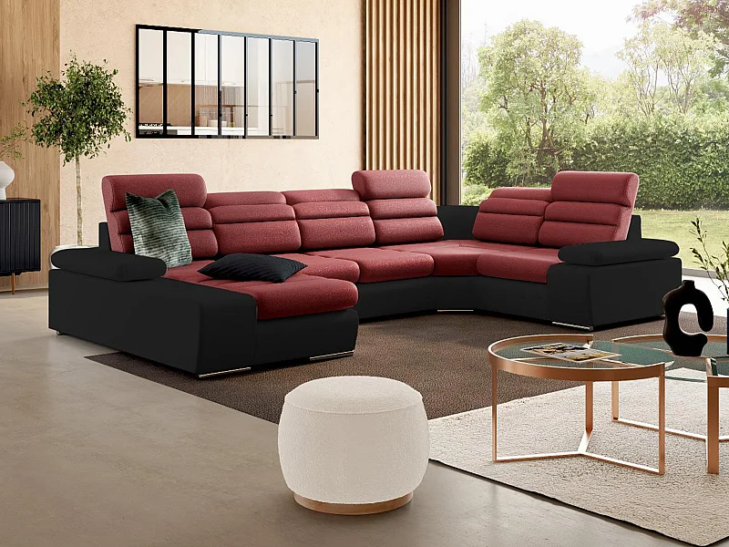 Sofá de canto panorâmico modular em tecido e pele sintéticaBicolor vermelho e preto - Canto esquerdo - BOILEAU