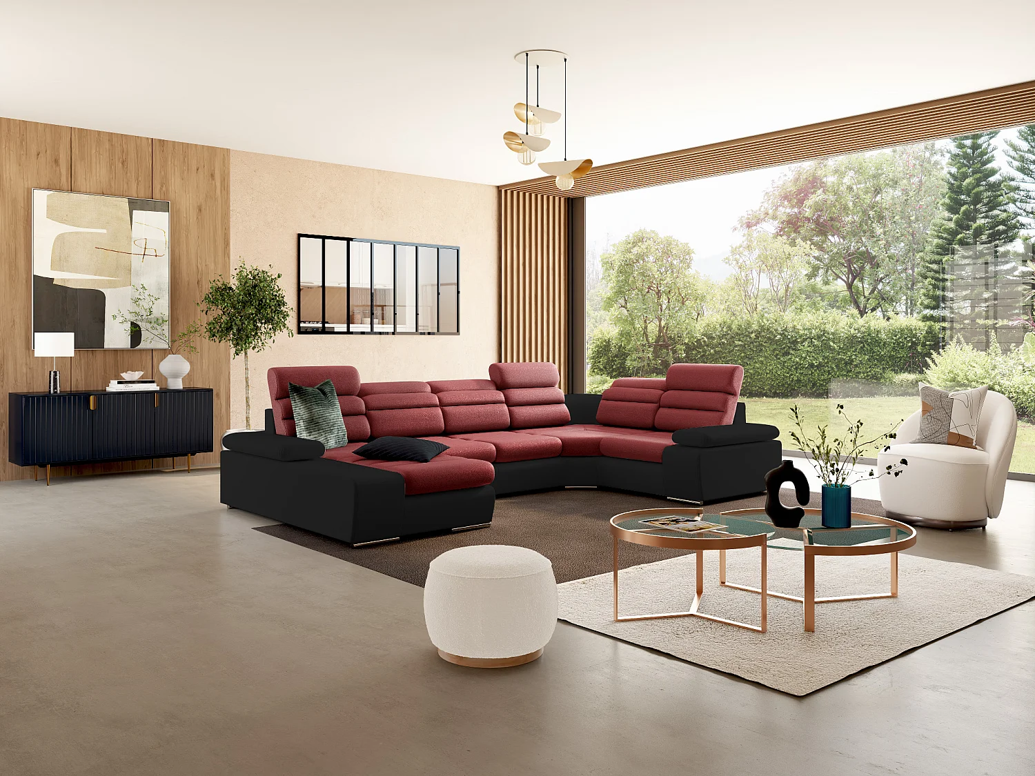 XXL hoekbedbank van stof en kunstleer BOILEAU - rood en zwart - hoek links