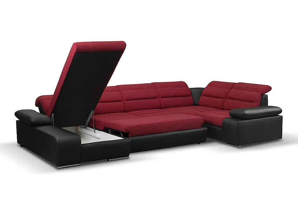 Hjørnesasofa panoramisk konvertibel i stoff og kunstlær BOILEAU - Tofarget Rød/Svart - Venstre ventrehjørne