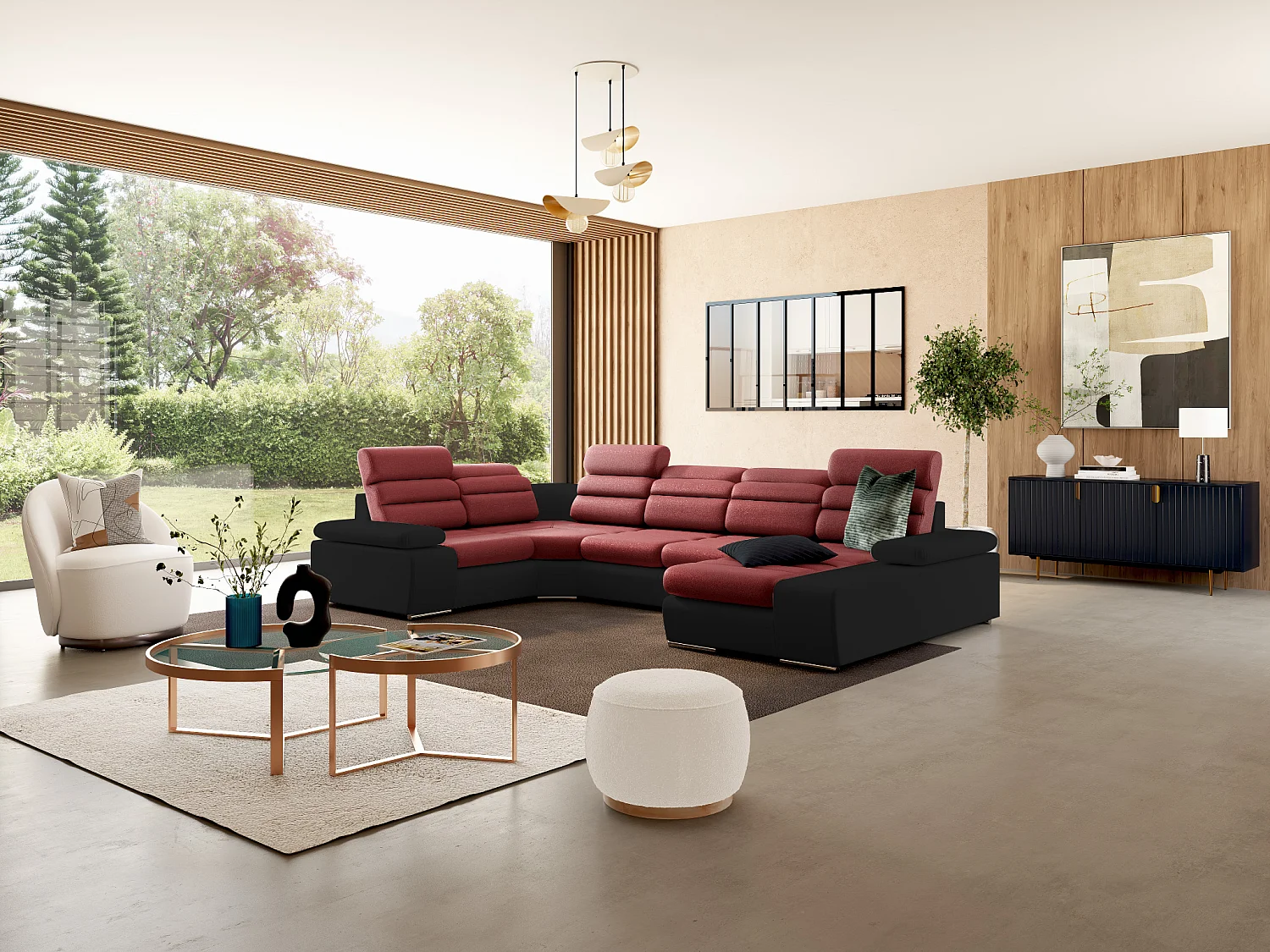 Wohnlandschaft mit Schlaffunktion - Ecke Rechts - Rot & Schwarz - BOILEAU