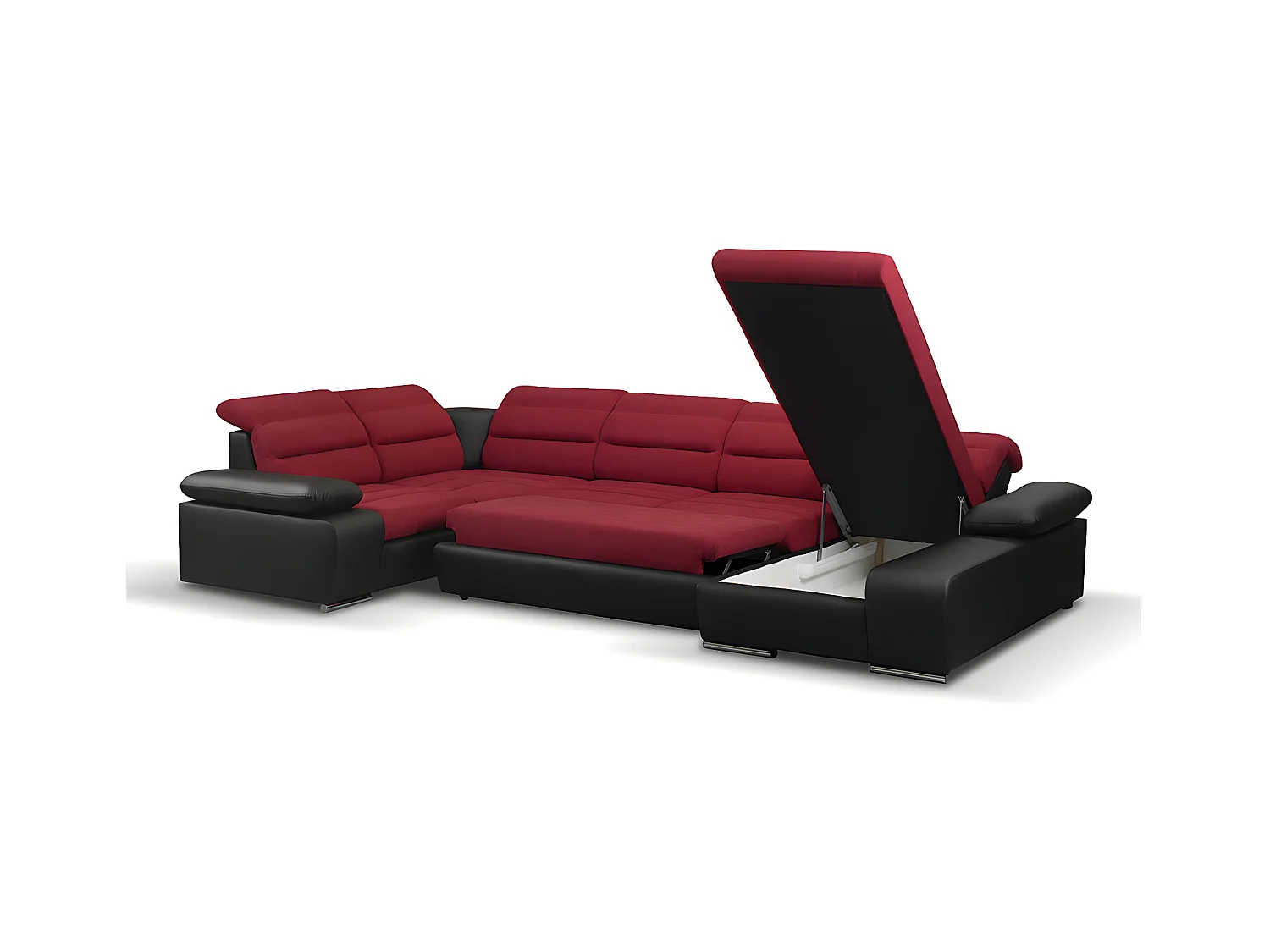 Canapé d'angle panoramique convertible en tissu et simili BOILEAU - Bicolore Rouge/Noir - Angle droit