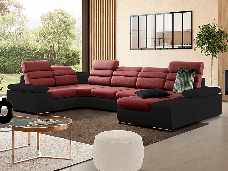 Panoramisk konvertibel hjørnesofa i stof og kunstlæder BOILEAU - Tofarvet rød/sort - Højre hjørne