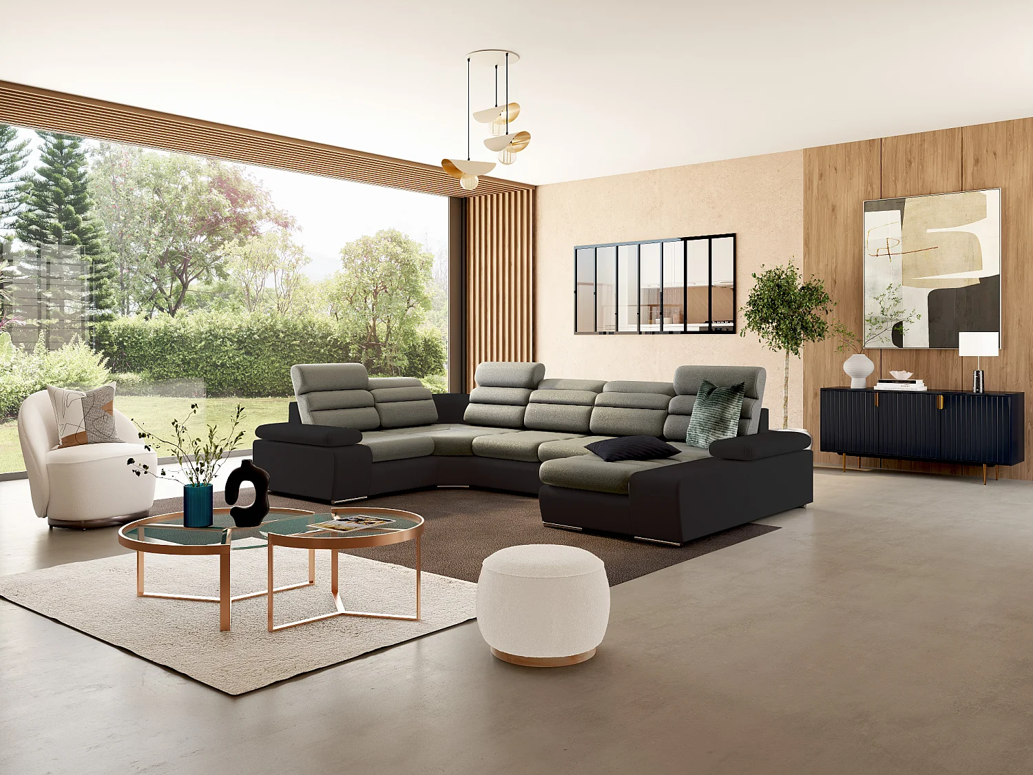 Canapé d'angle panoramique convertible en tissu et simili BOILEAU - Bicolore beige/marron - Angle droit 