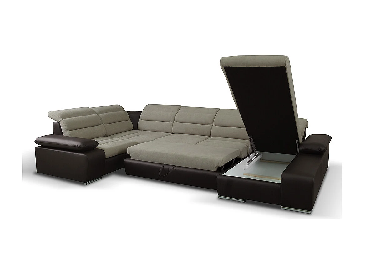 Sofá cama rinconera XXL de tela y piel sintética BOILEAU - Bicolor beige/marrón - Ángulo derecho