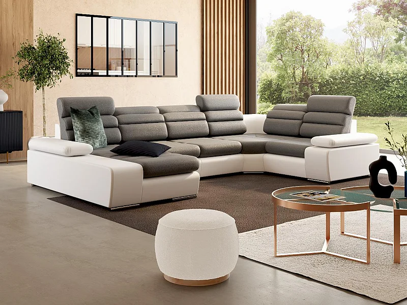 Canapé d'angle panoramique convertible en tissu et simili BOILEAU - Bicolore Gris/Blanc - Angle  gauche