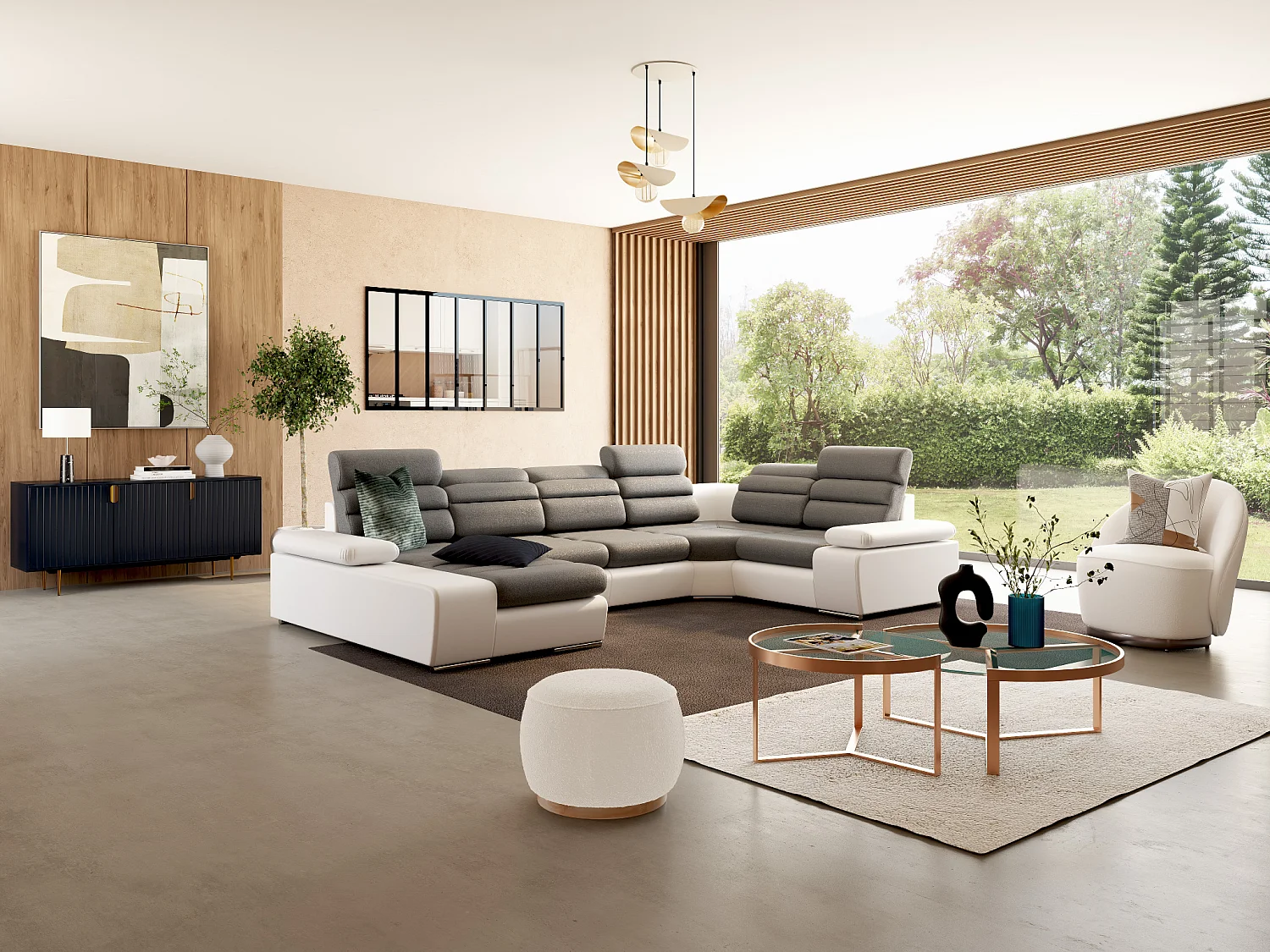 Sofá de canto panorâmico modular em tecido e pele sintéticaBicolor cinzento e branco - Canto esquerdo - BOILEAU