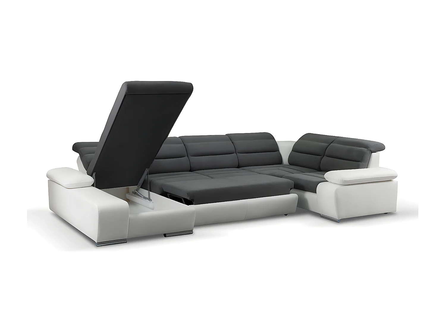 Canapé d'angle panoramique convertible en tissu et simili BOILEAU - Bicolore Gris/Blanc - Angle  gauche