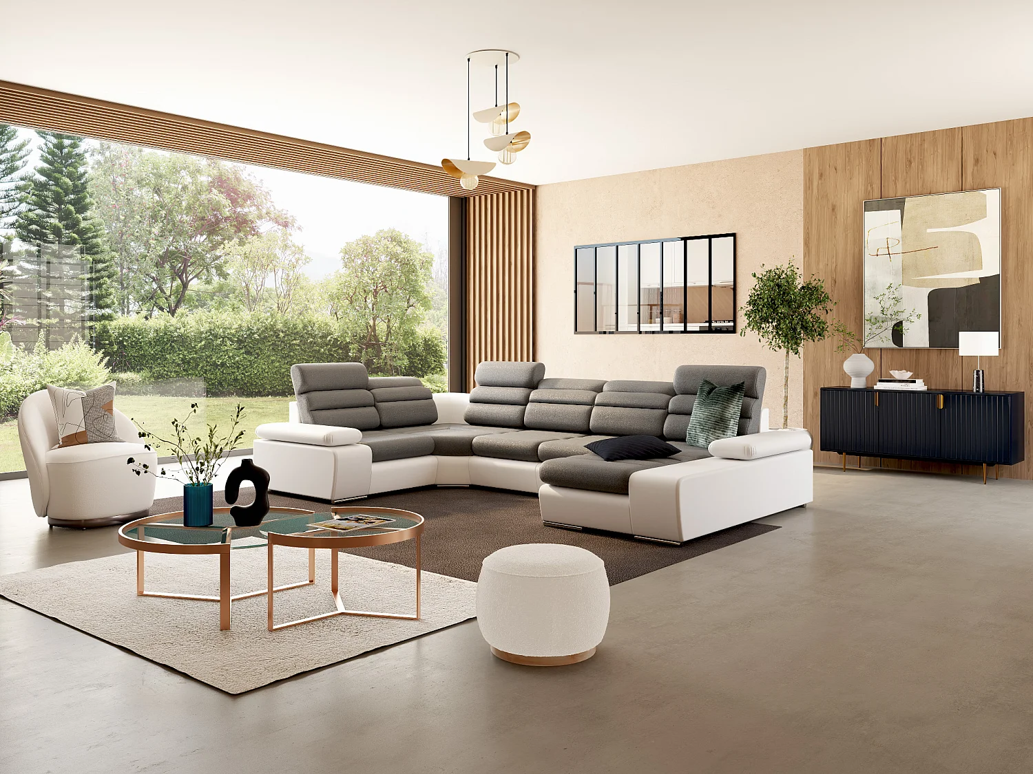 Divano letto angolare panoramico in tessuto e similpelle Bicolore grigio e bianco - Angolo a destra - BOILEAU