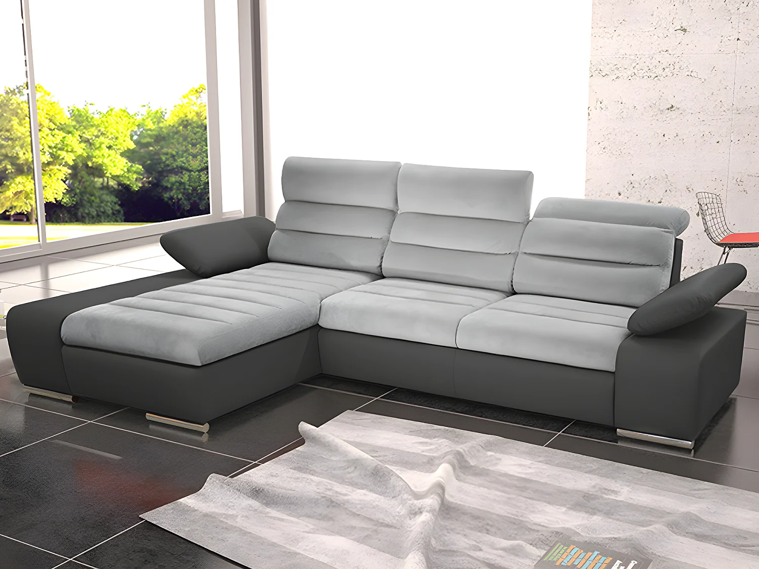 Sofá cama rinconera de tela y piel sintética MIRABEAU - Bicolor gris/blanco - Ángulo derecho