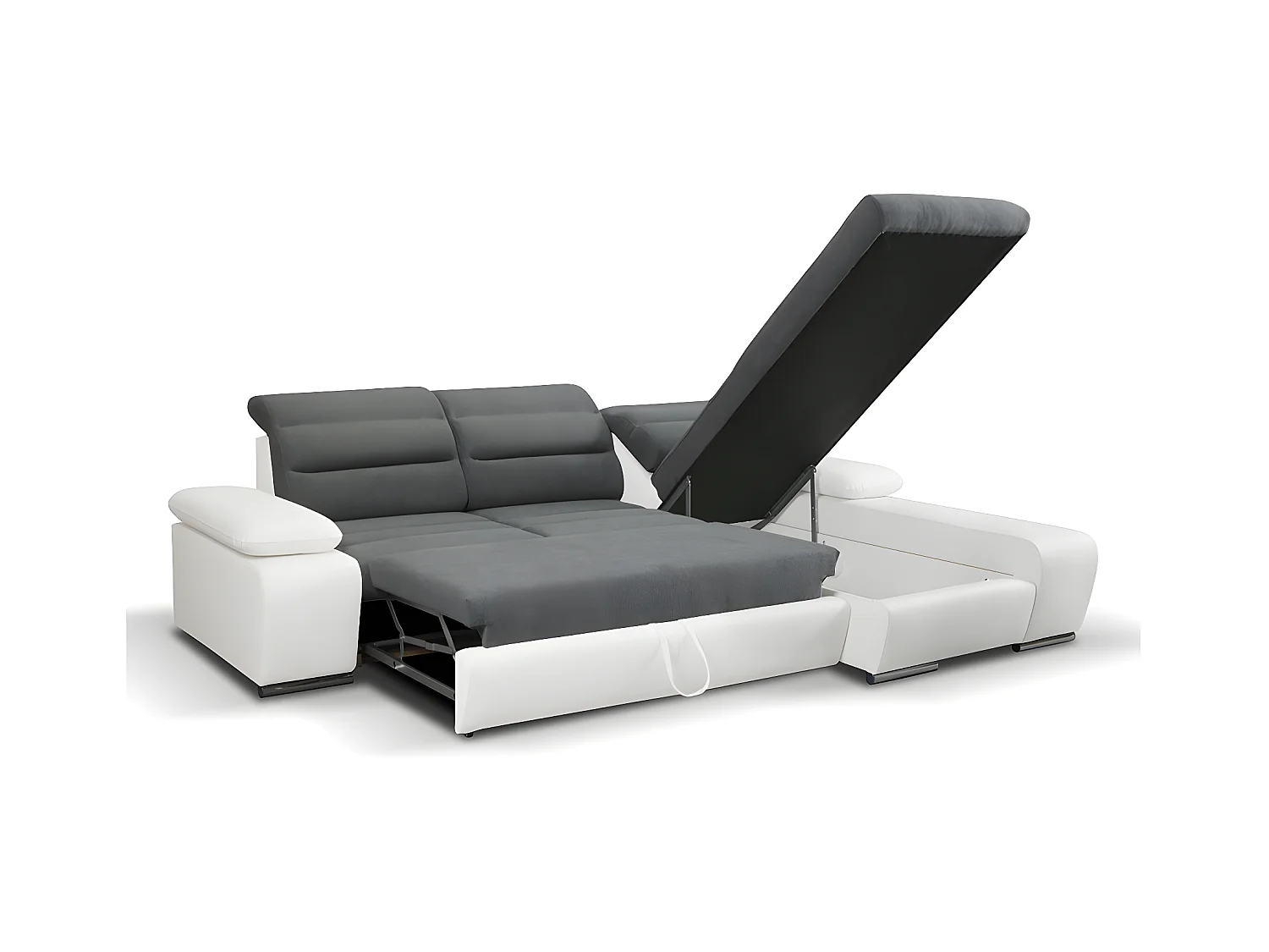 Ecksofa mit Schlaffunktion & Bettkasten - Ecke Rechts - Grau & Weiß - MIRABEAU