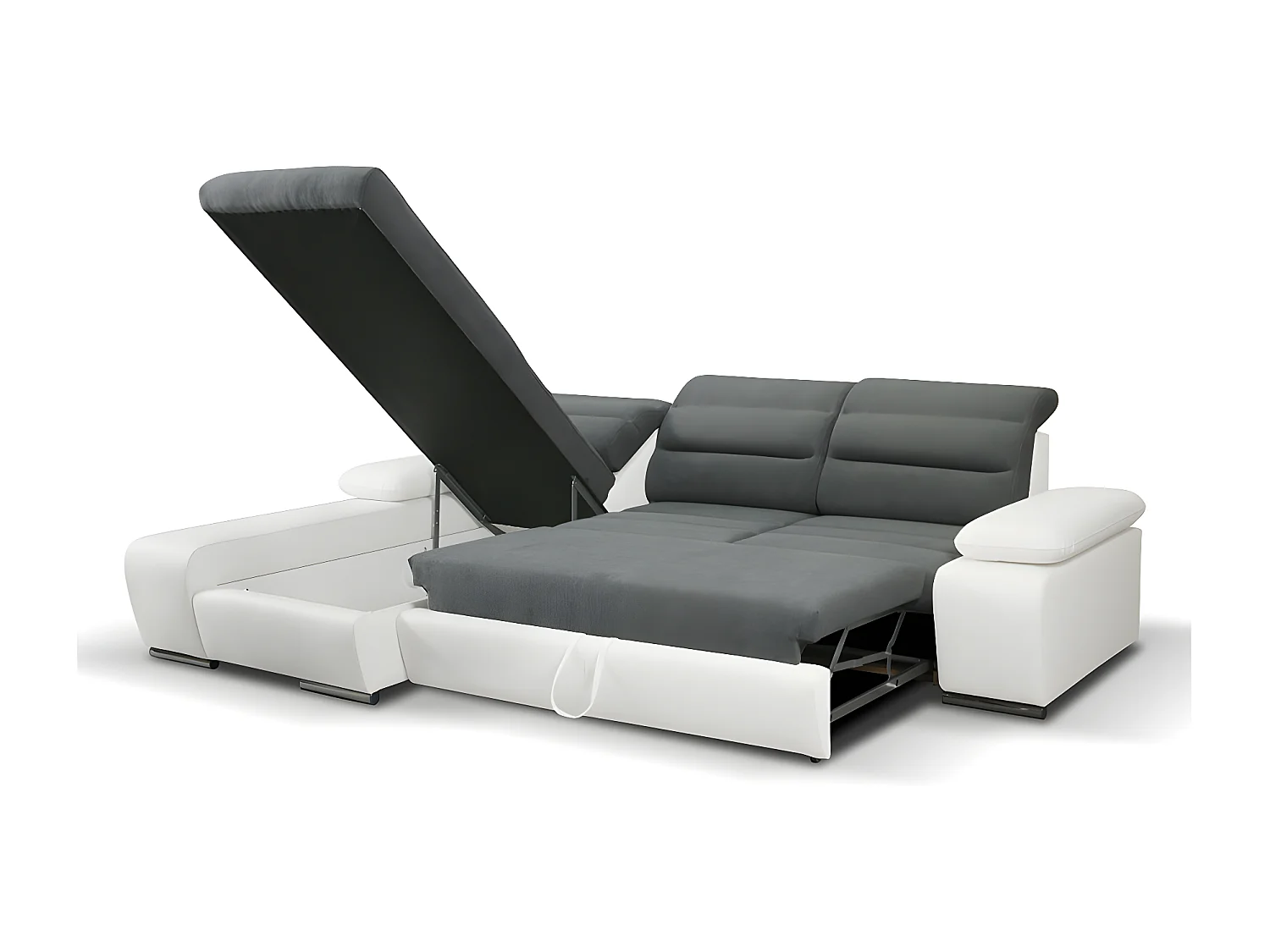 Sofá cama rinconera de tela y piel sintética MIRABEAU - Bicolor gris/ blanco - Ángulo izquierdo