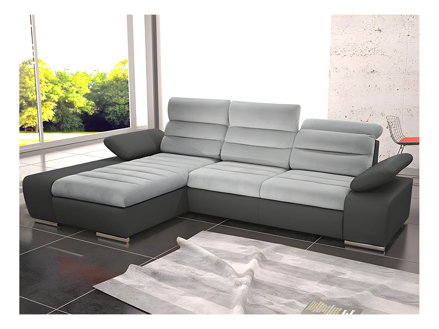 Canapé d'angle convertible en tissu et simili MIRABEAU - Bicolore noir/blanc - Angle gauche