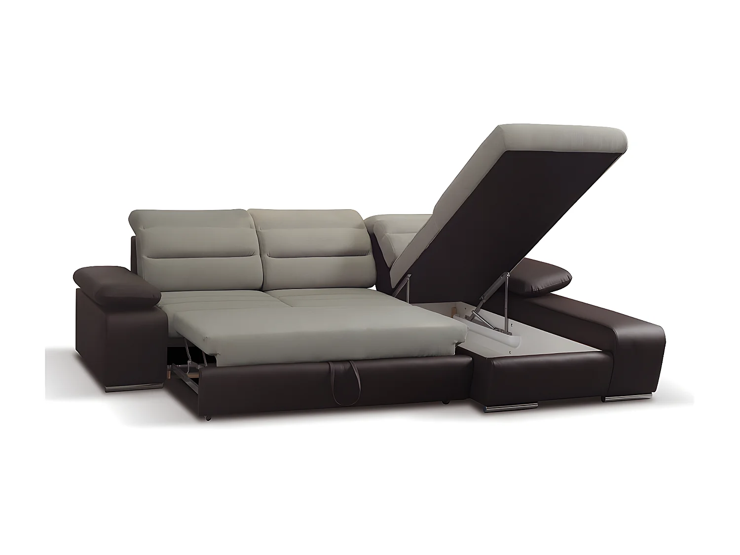 Ecksofa mit Schlaffunktion & Bettkasten - Ecke Rechts - Beige & Braun - MIRABEAU