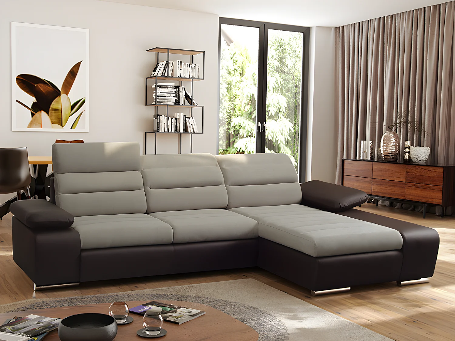 Canapé d'angle convertible en tissu et simili MIRABEAU - Bicolore beige/marron - Angle droit