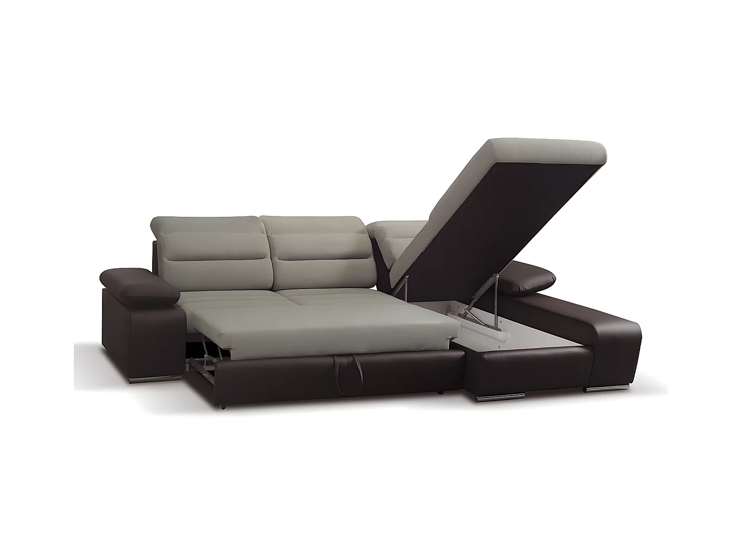 Sofá cama rinconera de tela y piel sintética MIRABEAU - Bicolor beige/marrón - Ángulo derecho