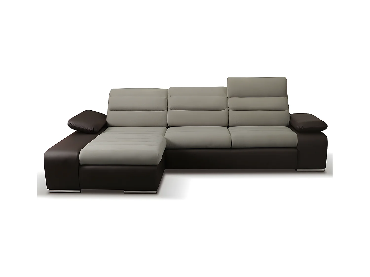 Narożna kanapa MIRABEAU – rozkładana, tkanina i skóra syntetyczna – dwukolorowa beżowo-brązowa – lewoskrętna