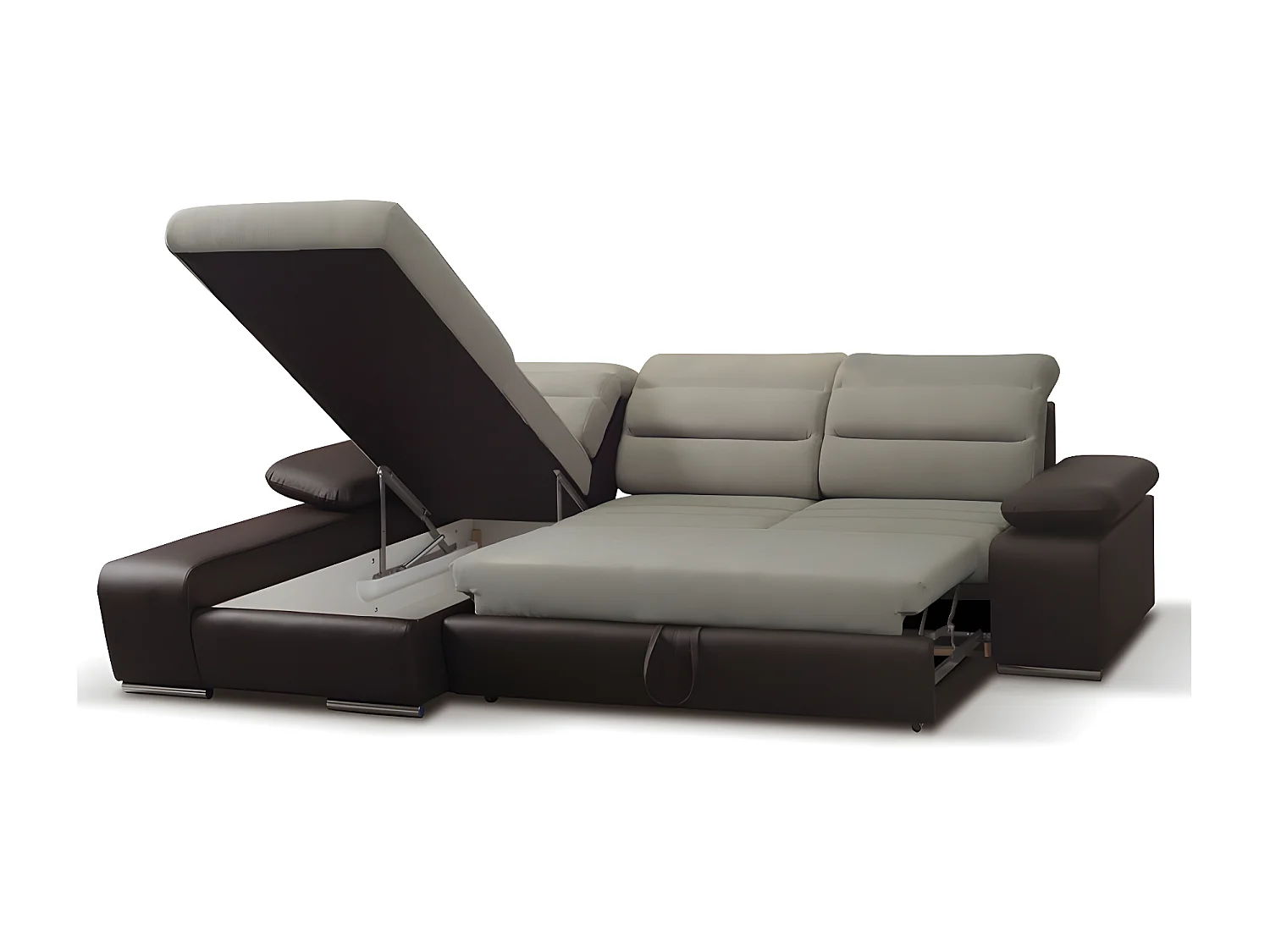 Narożna kanapa MIRABEAU – rozkładana, tkanina i skóra syntetyczna – dwukolorowa beżowo-brązowa – lewoskrętna