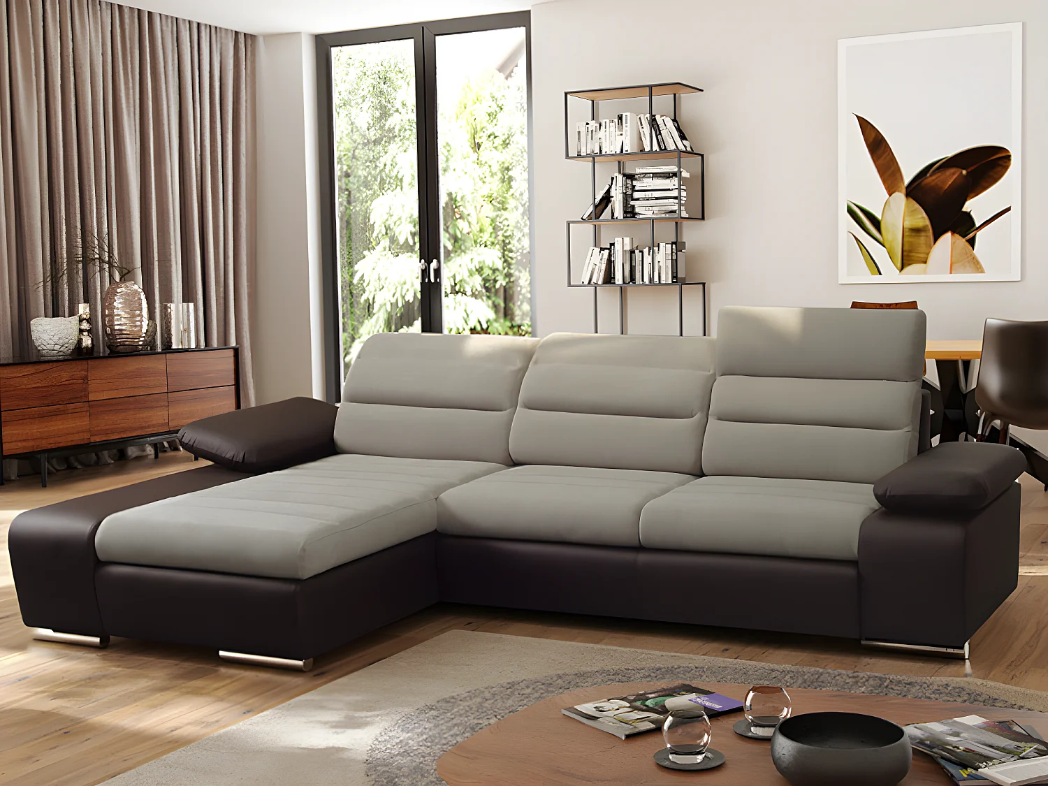 Canapé d'angle convertible en tissu et simili MIRABEAU - Bicolore beige/marron - Angle gauche