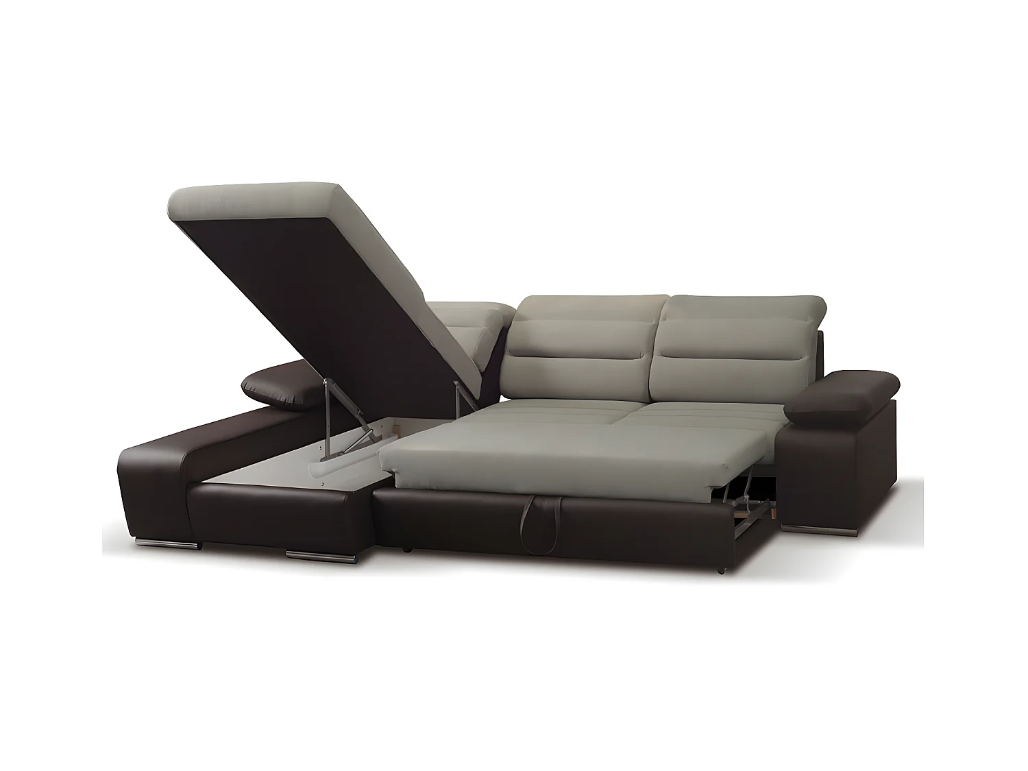 Sofá cama rinconera de tela y piel sintética MIRABEAU - Bicolor beige/marrón - Ángulo izquierdo