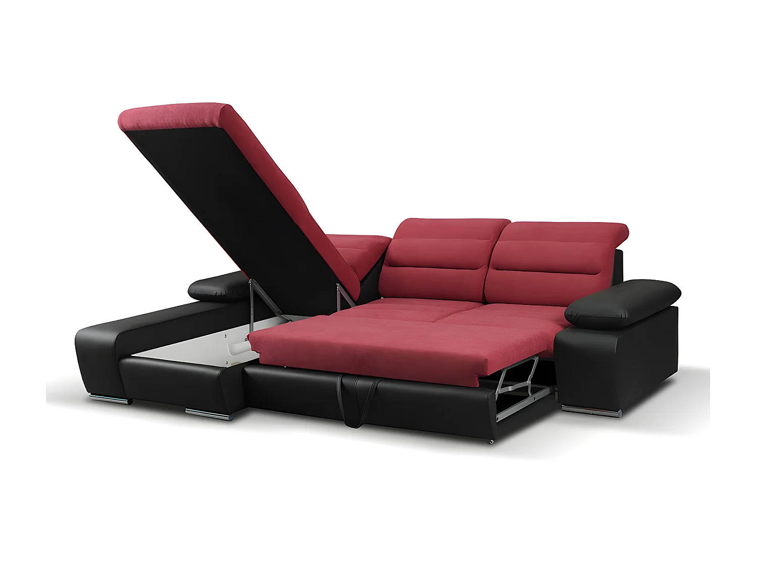 Sofá de canto modular em tecido e pele sintética Bicolor preto e vermelho - Canto esquerdo -MIRABEAU