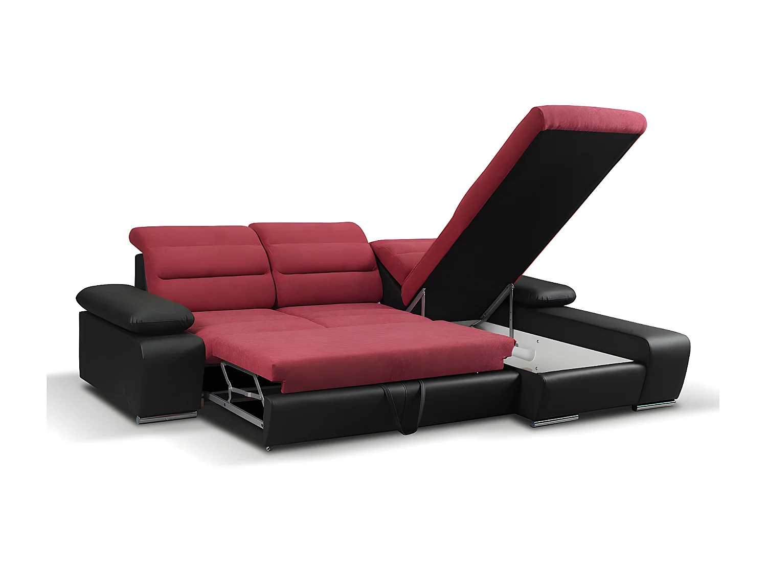 Ecksofa mit Schlaffunktion & Bettkasten - Ecke Rechts - Schwarz & Rot - MIRABEAU