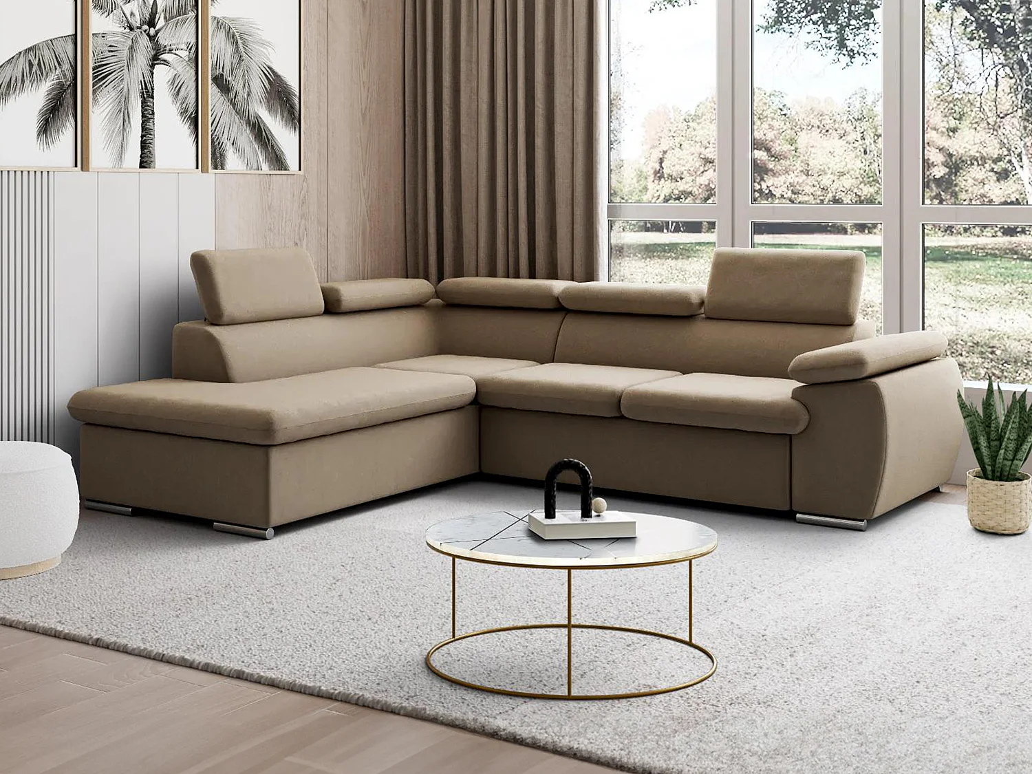 Hoekbedbank van stof met opbergruimte FABIEN - Beige - Hoek links
