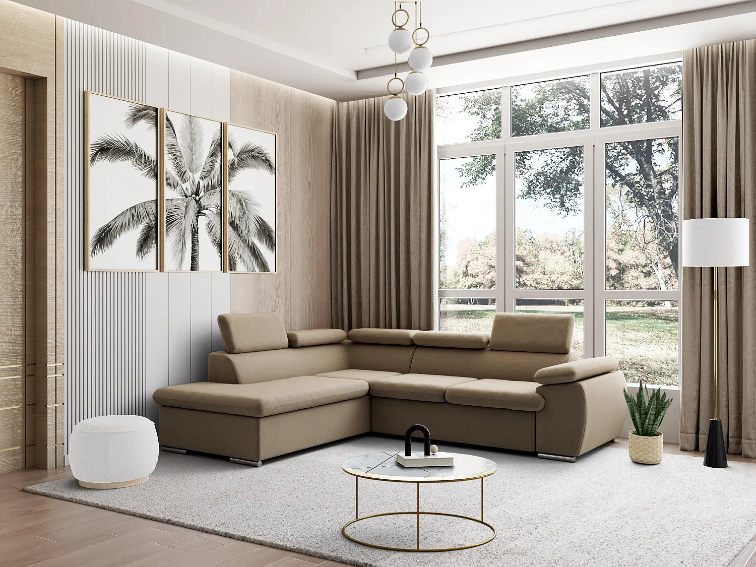 Canapé d'angle gauche convertible en tissu beige avec coffre de rangement FABIEN