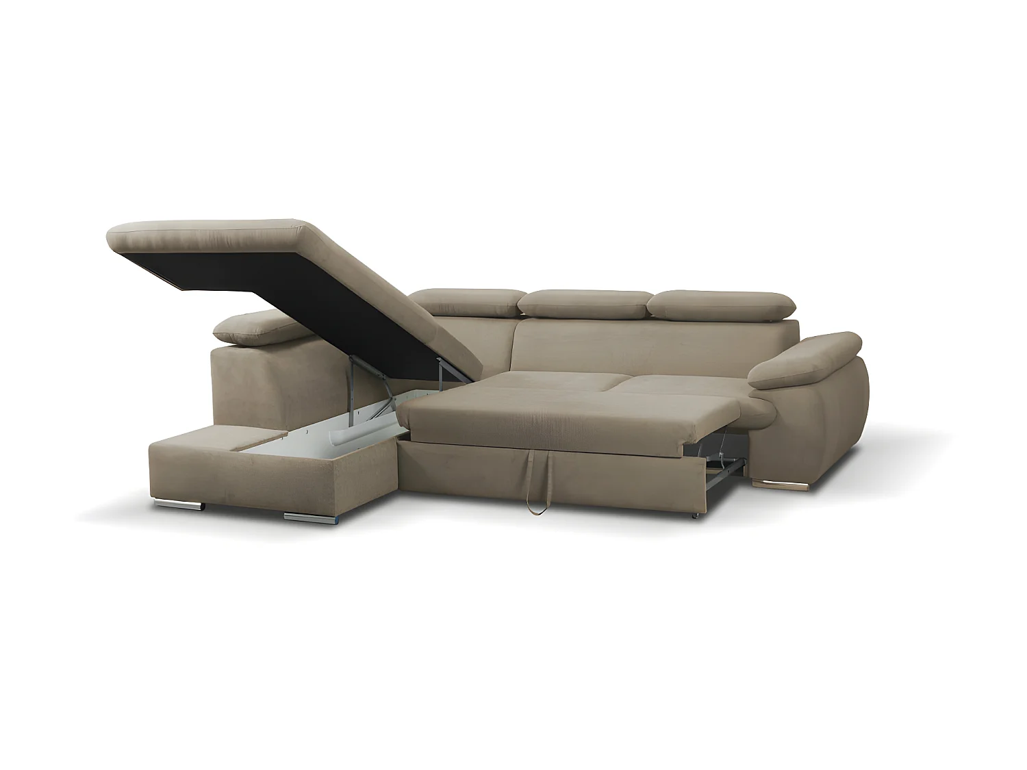 Canapé d'angle gauche convertible en tissu beige avec coffre de rangement FABIEN