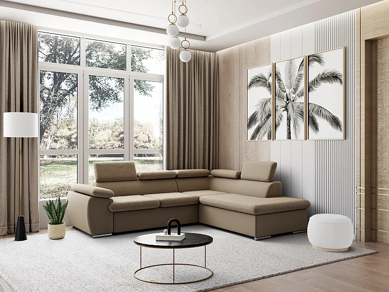 Canapé d'angle droit convertible en tissu beige avec coffre de rangement FABIEN