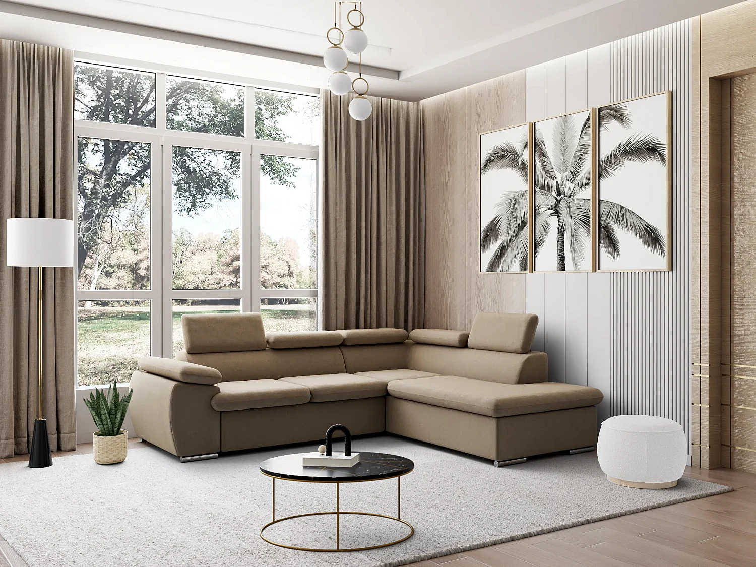 Høyre hjørnesofa i beige stoff med sovefunksjon og oppbevaringsrom FABIEN