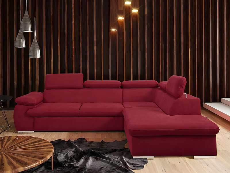 Canapé d'angle droit convertible en tissu rouge avec coffre de rangement FABIEN