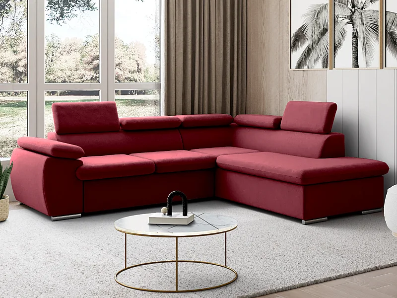 Canapé d'angle droit convertible en tissu rouge avec coffre de rangement FABIEN