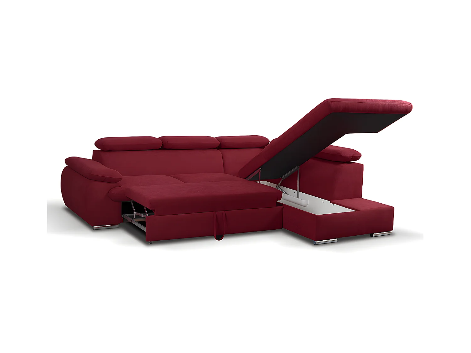 Canapé d'angle droit convertible en tissu rouge avec coffre de rangement FABIEN