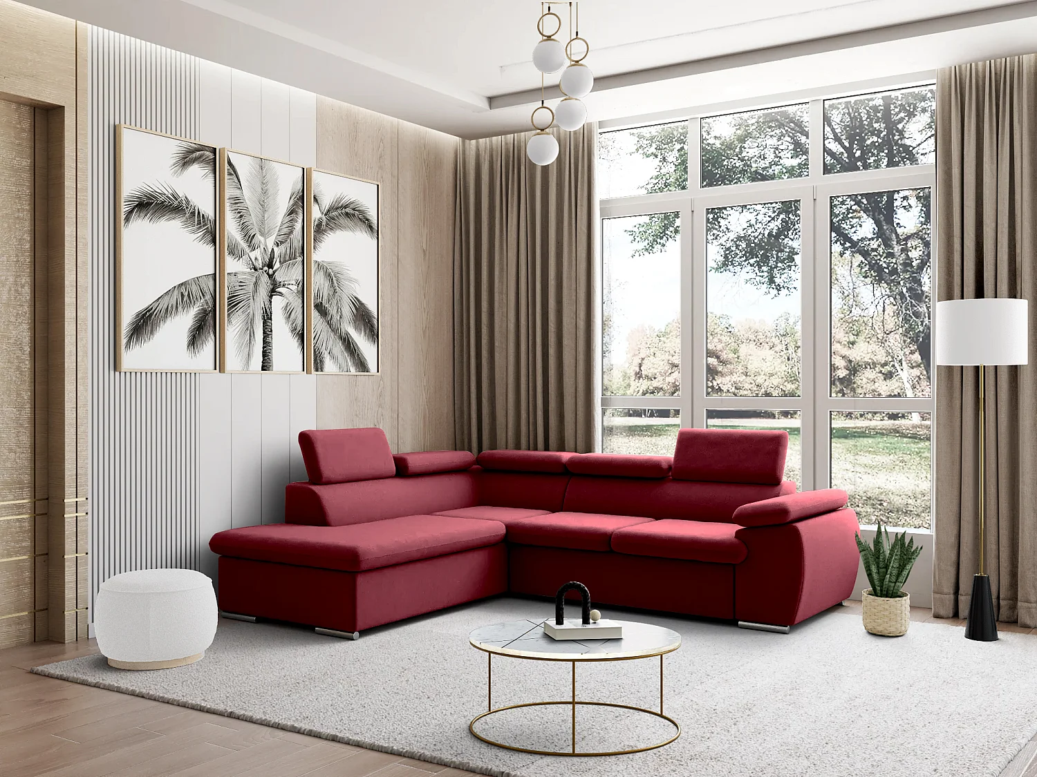 Canapé d'angle gauche convertible en tissu rouge avec coffre de rangement FABIEN