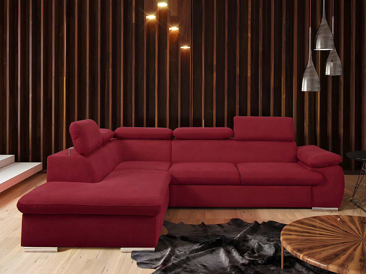 Canapé d'angle gauche convertible en tissu rouge avec coffre de rangement FABIEN