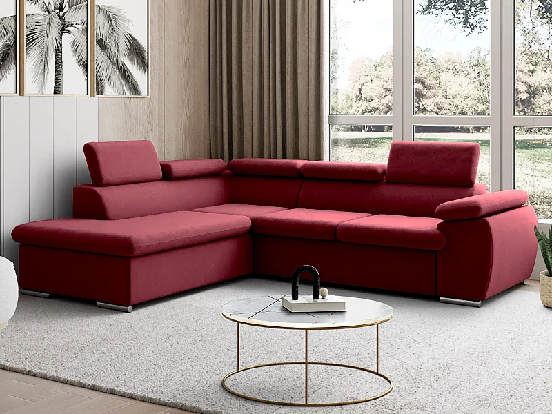 Canapé d'angle gauche convertible en tissu rouge avec coffre de rangement FABIEN