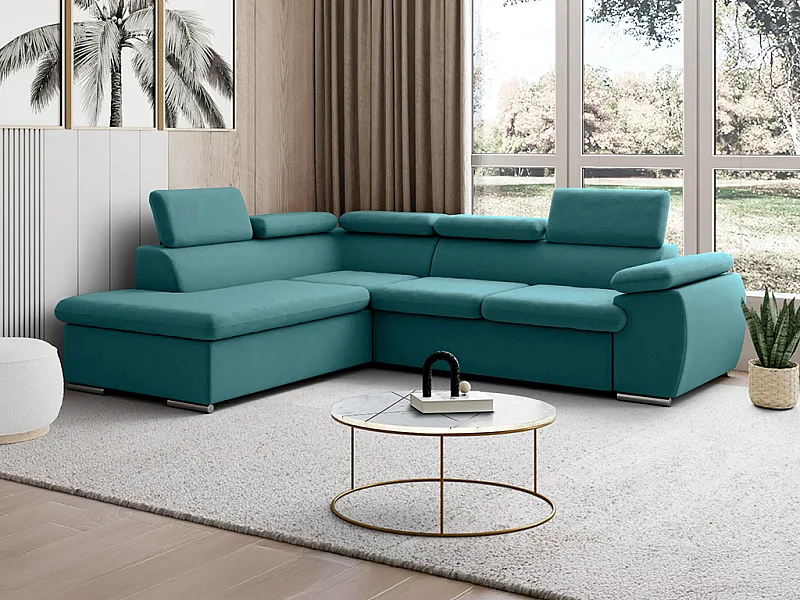Ecksofa mit Schlaffunktion & Bettkasten - Ecke Links - Türkis - FABIEN