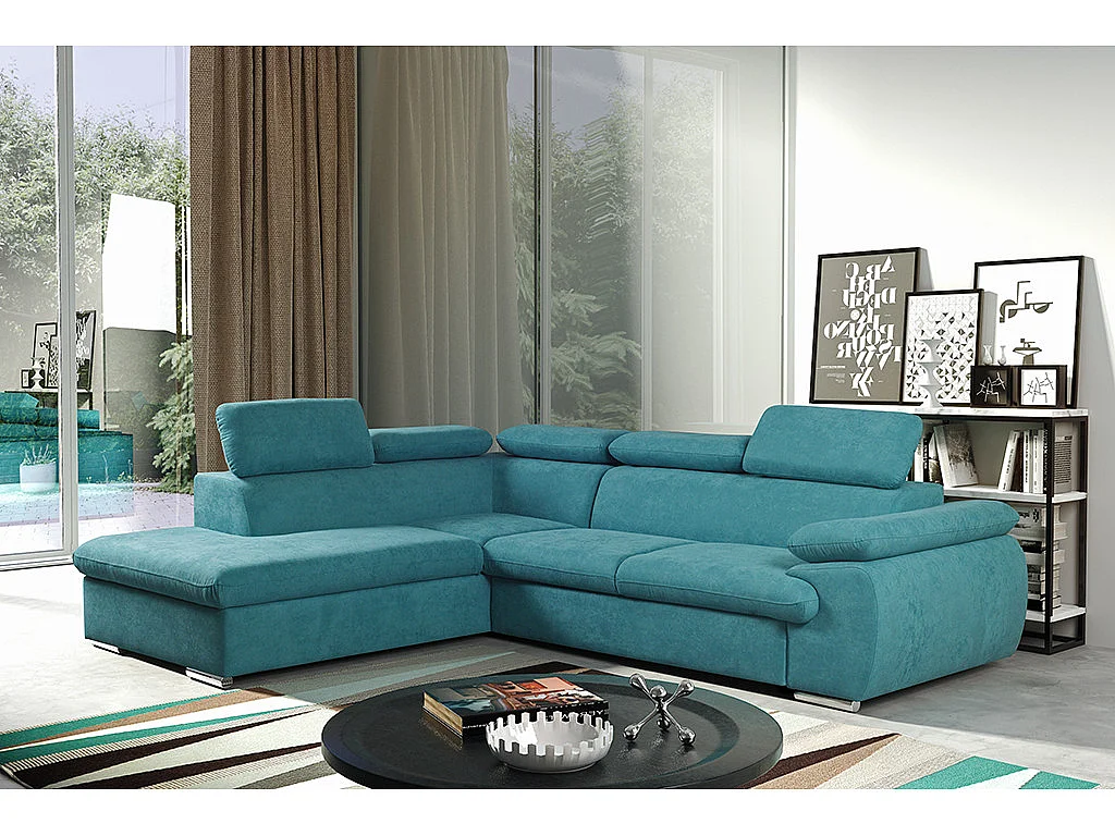 Canapé d'angle gauche convertible en tissu turquoise avec coffre de rangement FABIEN