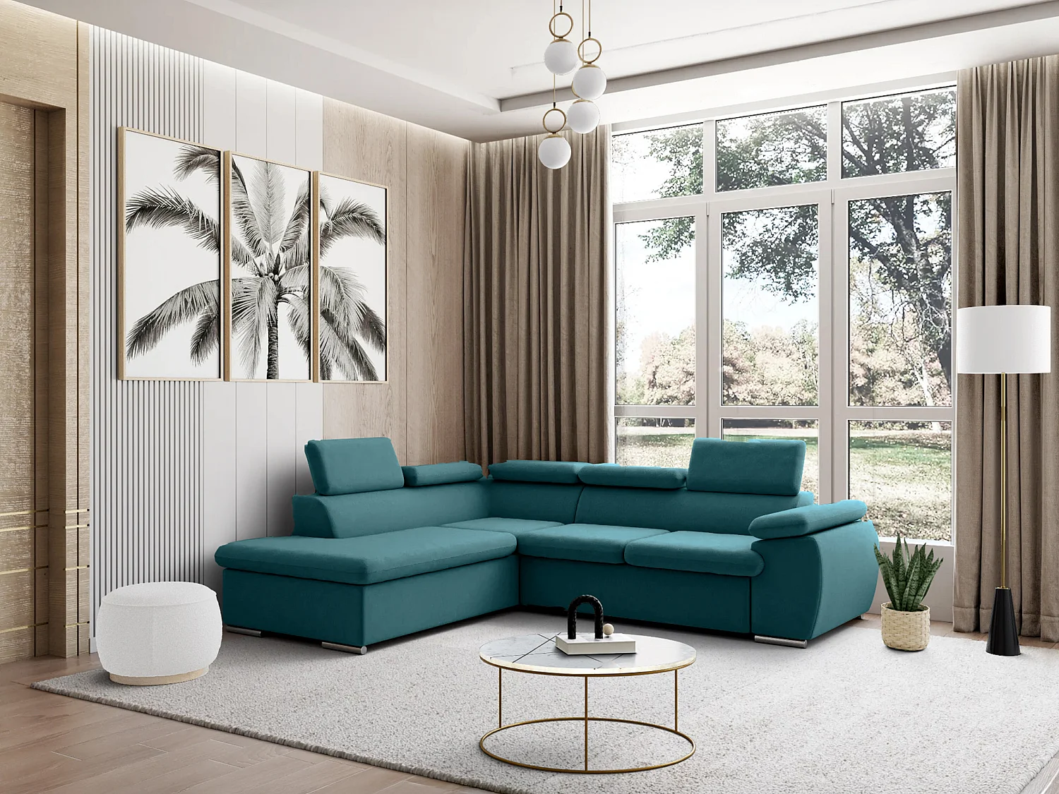 Canapé d'angle gauche convertible en tissu turquoise avec coffre de rangement FABIEN