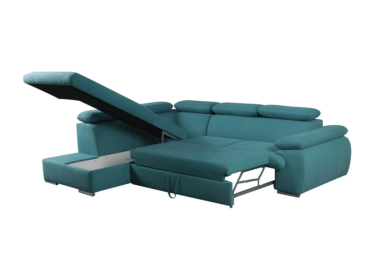 Canapé d'angle gauche convertible en tissu turquoise avec coffre de rangement FABIEN