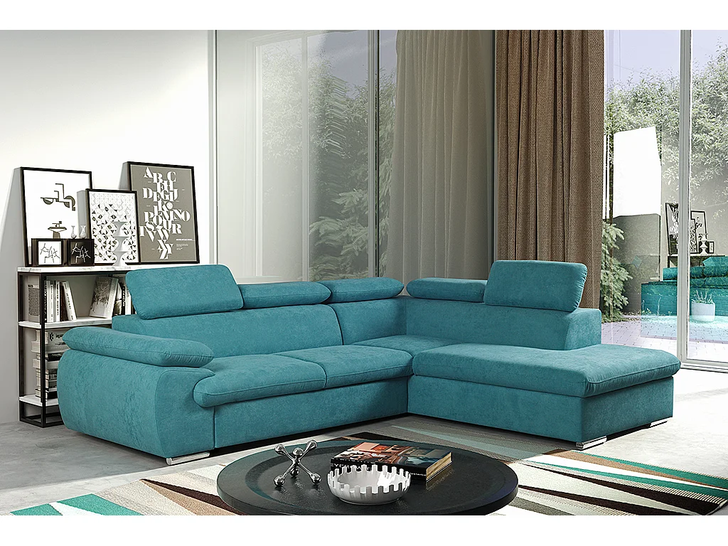 Hoekbedbank van stof met opbergruimte FABIEN - Turquoise - Hoek rechts