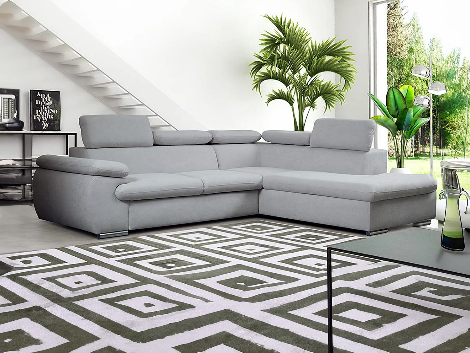 Canapé d'angle droit convertible en tissu gris clair avec coffre de rangement FABIEN