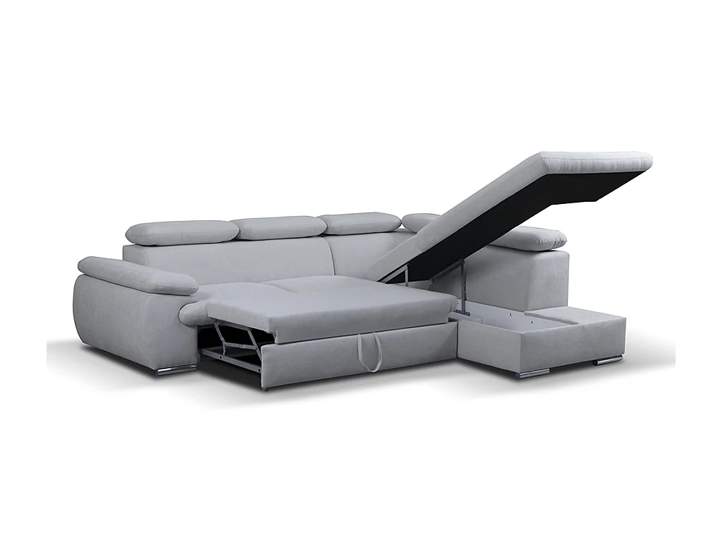 Høyrevendt hjørnesofabed i lysegrått stoff med oppbevaringsboks FABIEN