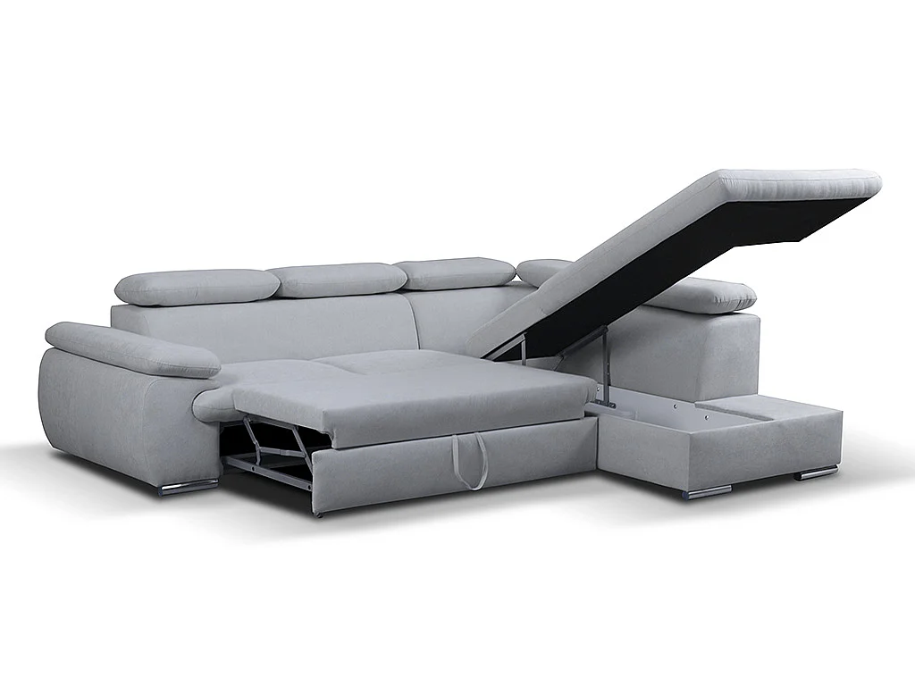 Canapé d'angle droit convertible en tissu gris clair avec coffre de rangement FABIEN