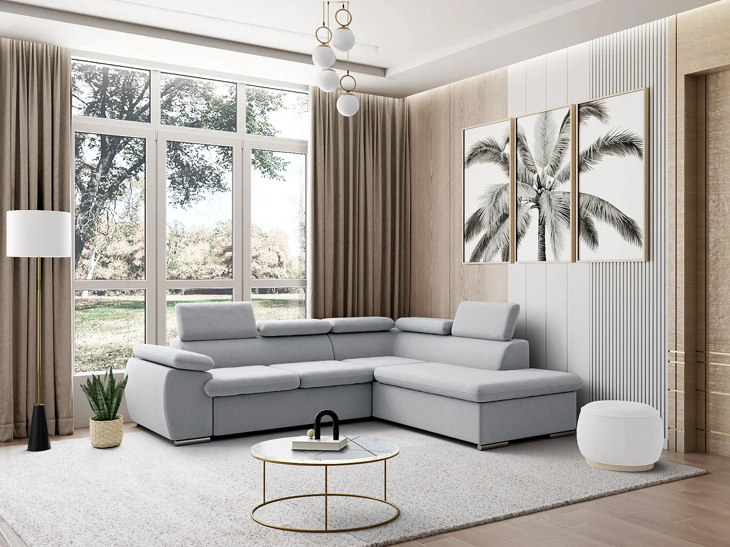 Canapé d'angle droit convertible en tissu gris clair avec coffre de rangement FABIEN