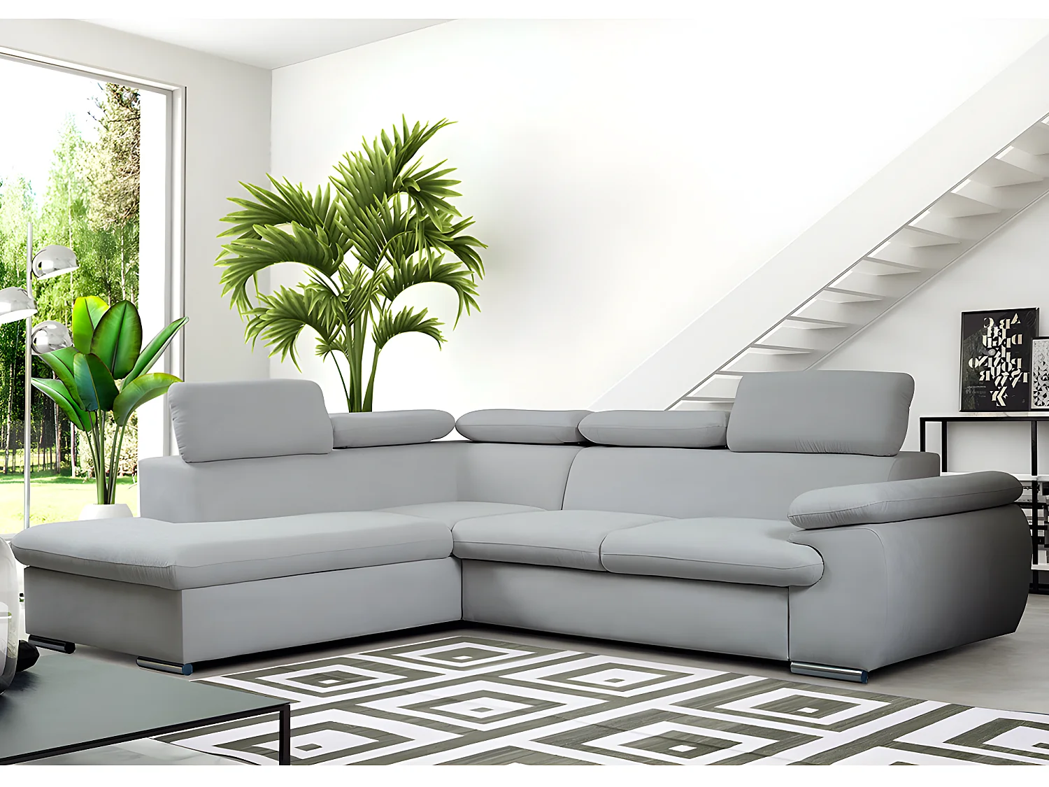 Canapé d'angle gauche convertible en tissu gris clair avec coffre de rangement FABIEN