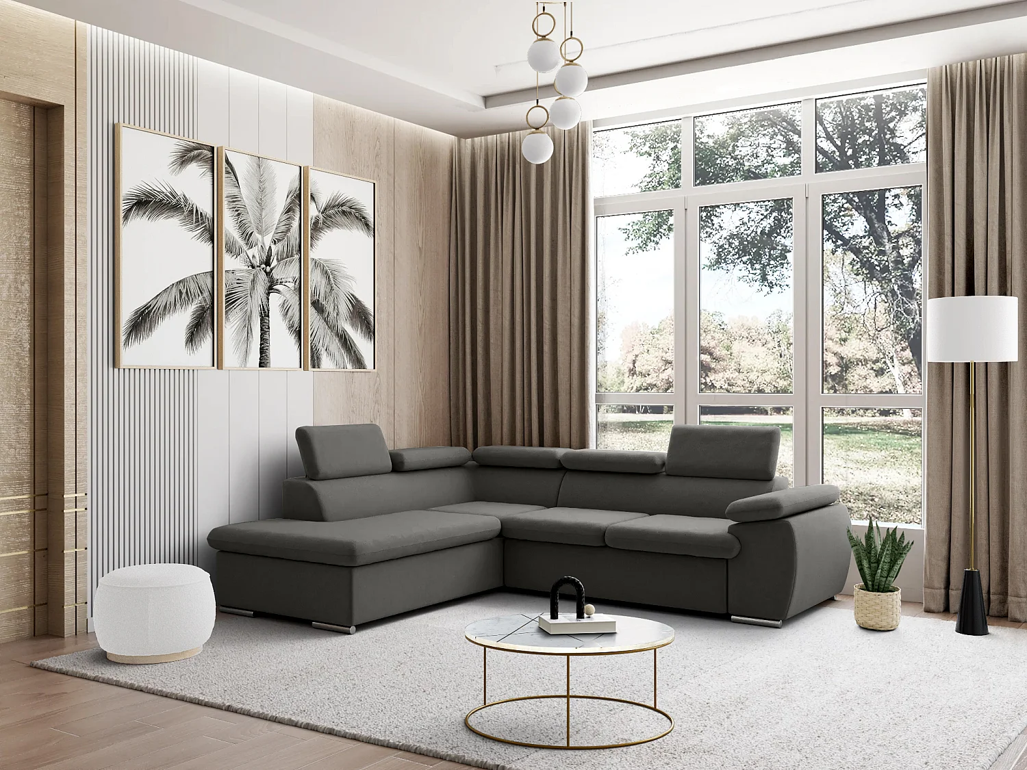 Canapé d'angle gauche convertible en tissu anthracite avec coffre de rangement FABIEN